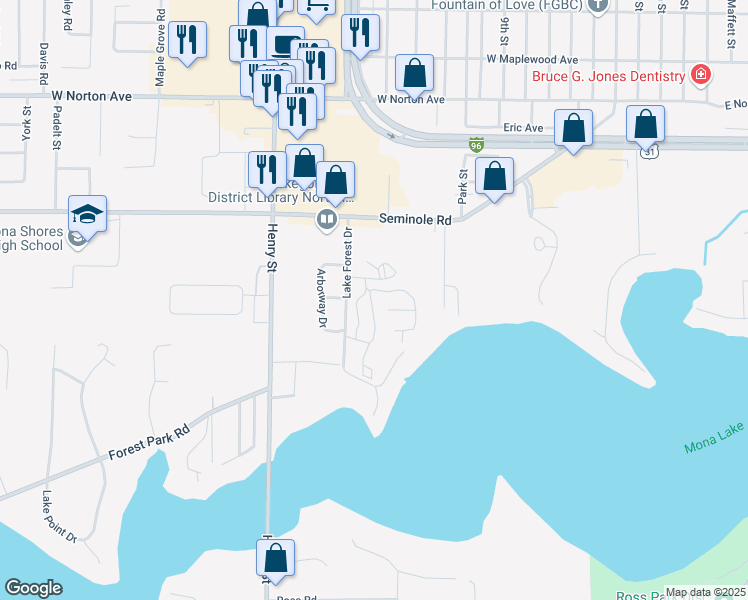 map of restaurants, bars, coffee shops, grocery stores, and more near 581 Lake Forest Lane in Muskegon