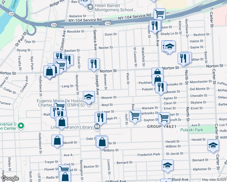 map of restaurants, bars, coffee shops, grocery stores, and more near 75 Van Stallen Street in Rochester
