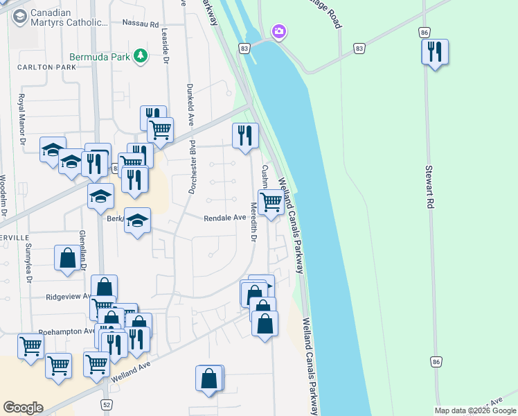 map of restaurants, bars, coffee shops, grocery stores, and more near 80 Meredith Drive in St. Catharines
