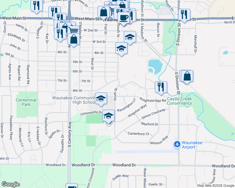 map of restaurants, bars, coffee shops, grocery stores, and more near 101 Knightsbridge Road in Waunakee