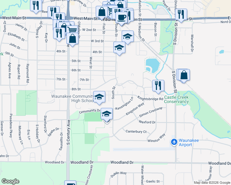 map of restaurants, bars, coffee shops, grocery stores, and more near 101 Knightsbridge Road in Waunakee