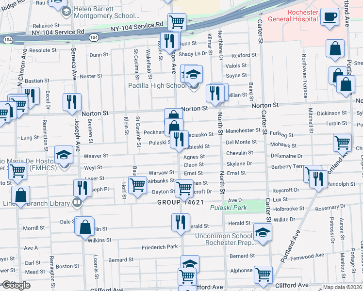 map of restaurants, bars, coffee shops, grocery stores, and more near in Rochester