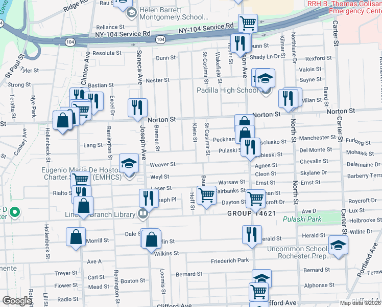 map of restaurants, bars, coffee shops, grocery stores, and more near 144 Van Stallen Street in Rochester