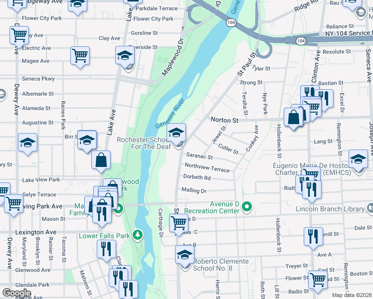 map of restaurants, bars, coffee shops, grocery stores, and more near 1539 Saint Paul Street in Rochester