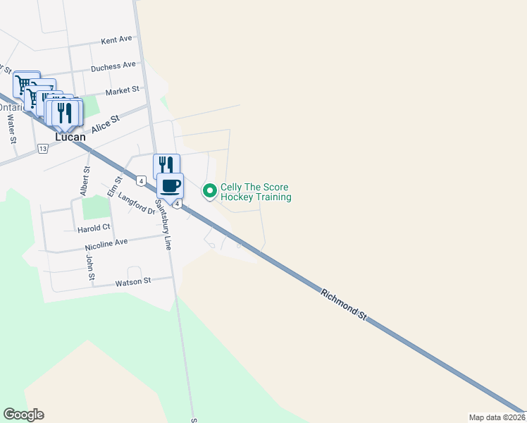 map of restaurants, bars, coffee shops, grocery stores, and more near 101 Watts Drive in Lucan