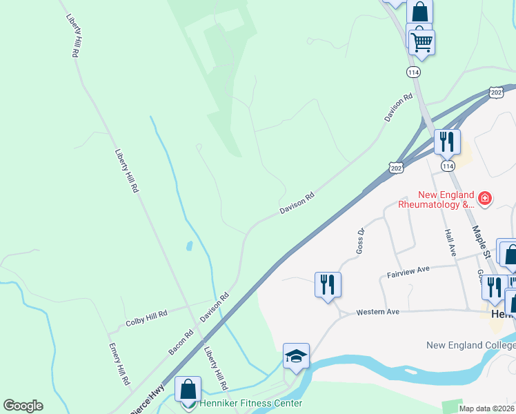 map of restaurants, bars, coffee shops, grocery stores, and more near 334 Davison Road in Henniker
