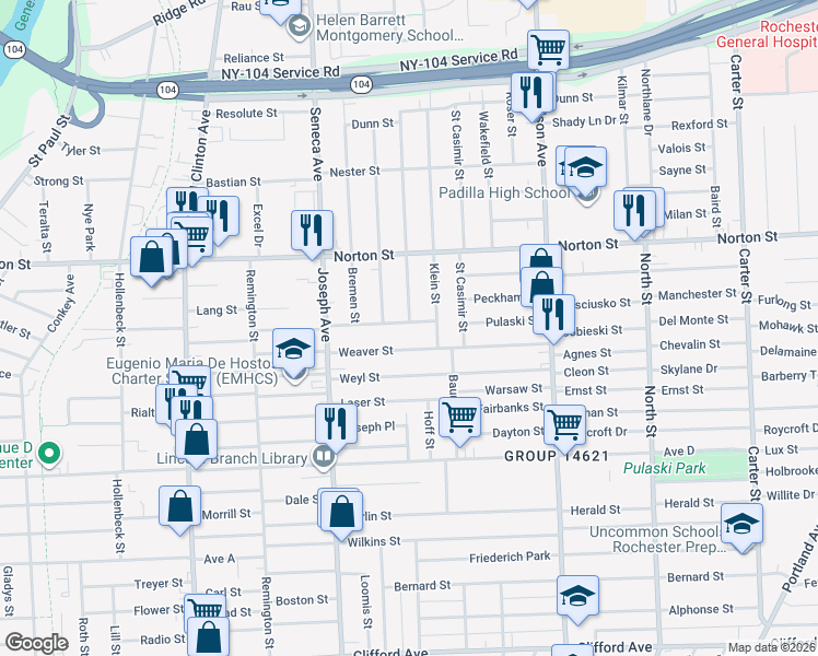 map of restaurants, bars, coffee shops, grocery stores, and more near 98 Van Stallen Street in Rochester