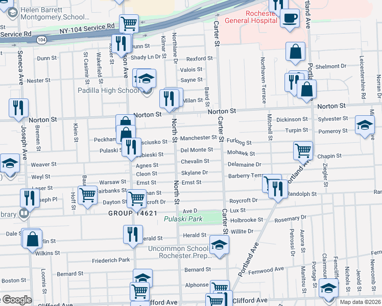 map of restaurants, bars, coffee shops, grocery stores, and more near 16 Del Monte Street in Rochester