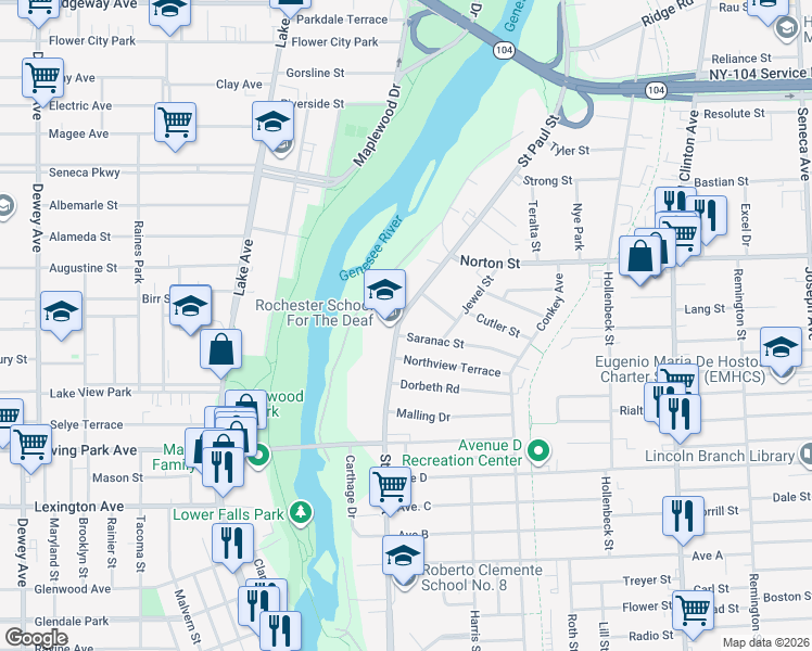 map of restaurants, bars, coffee shops, grocery stores, and more near 1539 Saint Paul Street in Rochester