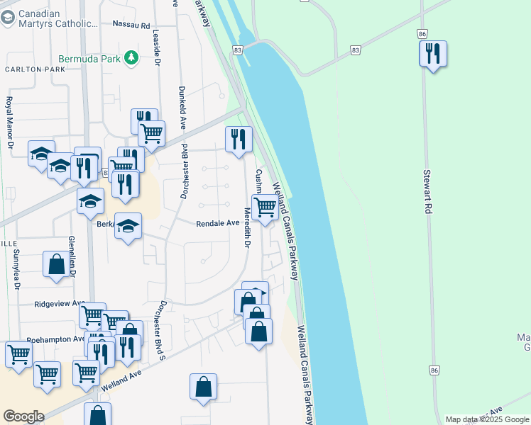 map of restaurants, bars, coffee shops, grocery stores, and more near 286 Cushman Road in St. Catharines
