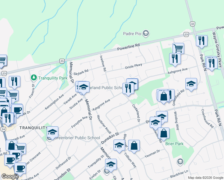 map of restaurants, bars, coffee shops, grocery stores, and more near 16 Ivanhoe Road in Brantford