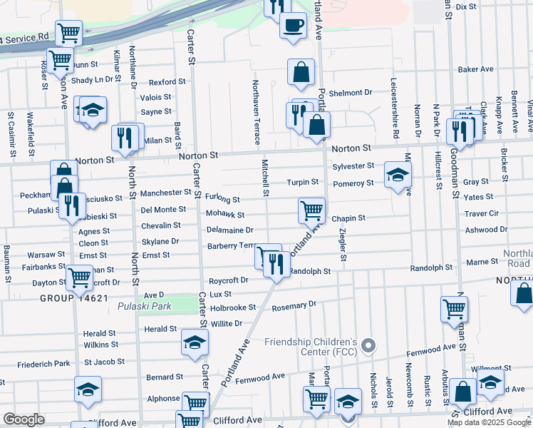 map of restaurants, bars, coffee shops, grocery stores, and more near 122 Mohawk Street in Rochester