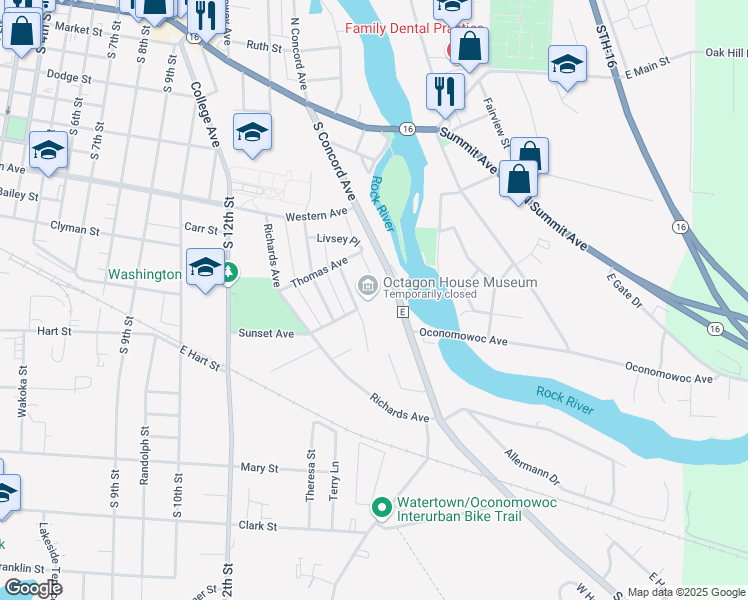 map of restaurants, bars, coffee shops, grocery stores, and more near 919 Charles Street in Watertown
