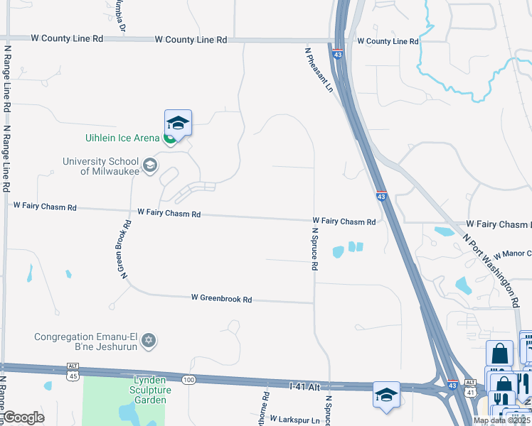 map of restaurants, bars, coffee shops, grocery stores, and more near 1600 West Fairy Chasm Road in River Hills