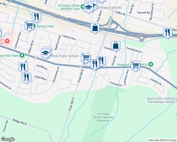 map of restaurants, bars, coffee shops, grocery stores, and more near 264 Main Street East in Grimsby