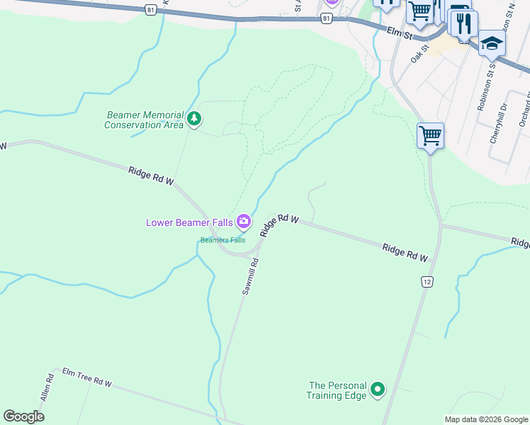 map of restaurants, bars, coffee shops, grocery stores, and more near 102 Ridge Road West in Grimsby