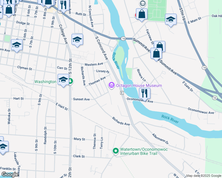 map of restaurants, bars, coffee shops, grocery stores, and more near 919 Charles Street in Watertown