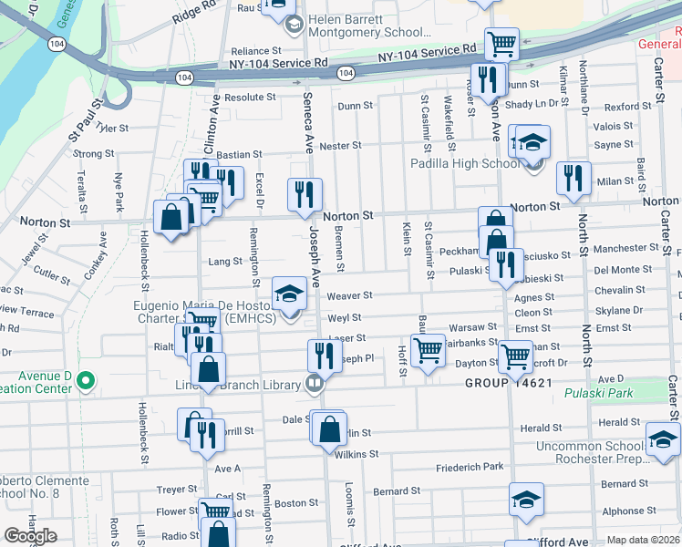 map of restaurants, bars, coffee shops, grocery stores, and more near Bremen Street & Van Stallen Street in Rochester