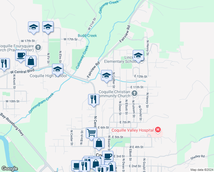 map of restaurants, bars, coffee shops, grocery stores, and more near 1137 North Collier Street in Coquille