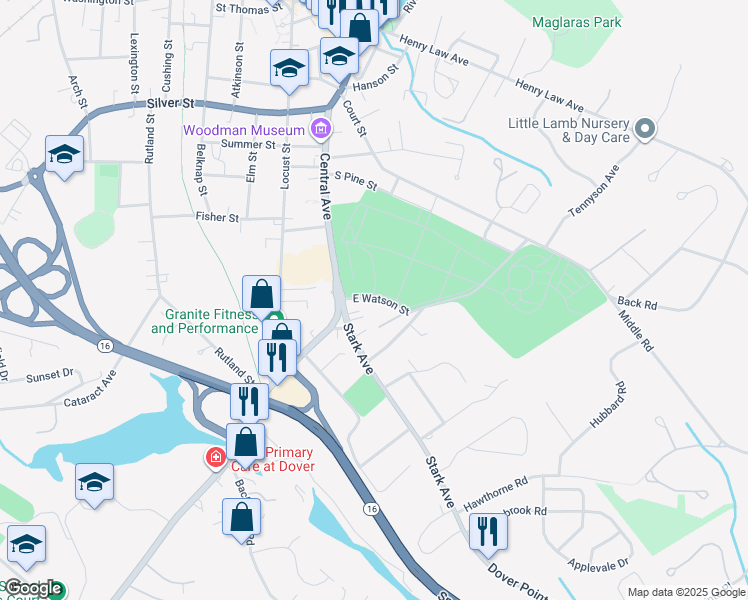 map of restaurants, bars, coffee shops, grocery stores, and more near 8 East Watson Street in Dover