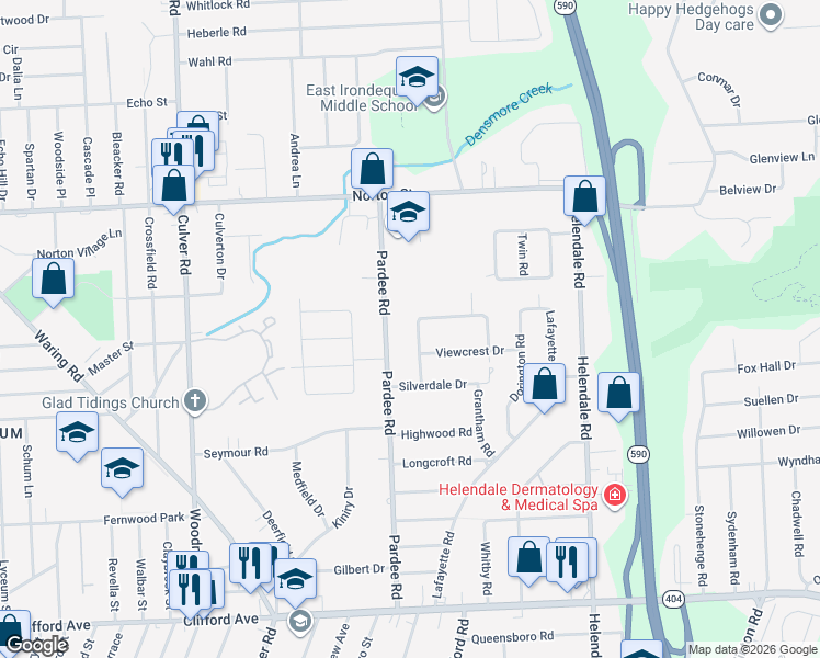 map of restaurants, bars, coffee shops, grocery stores, and more near 105 High Point Trail in Rochester