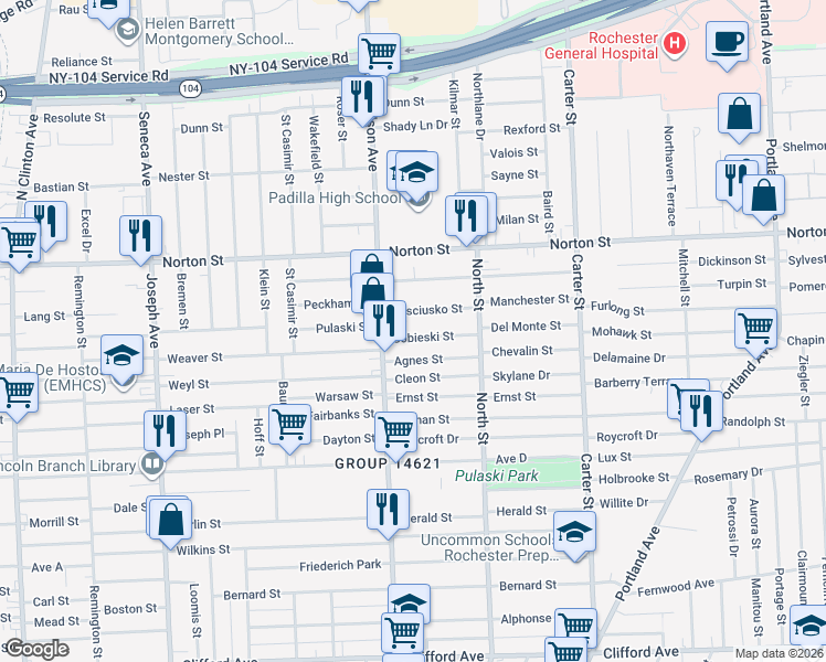 map of restaurants, bars, coffee shops, grocery stores, and more near 45 Kosciusko Street in Rochester