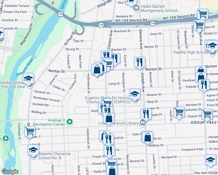 map of restaurants, bars, coffee shops, grocery stores, and more near 3 Lang Street in Rochester
