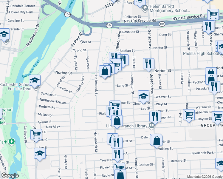 map of restaurants, bars, coffee shops, grocery stores, and more near 1383 North Clinton Avenue in Rochester