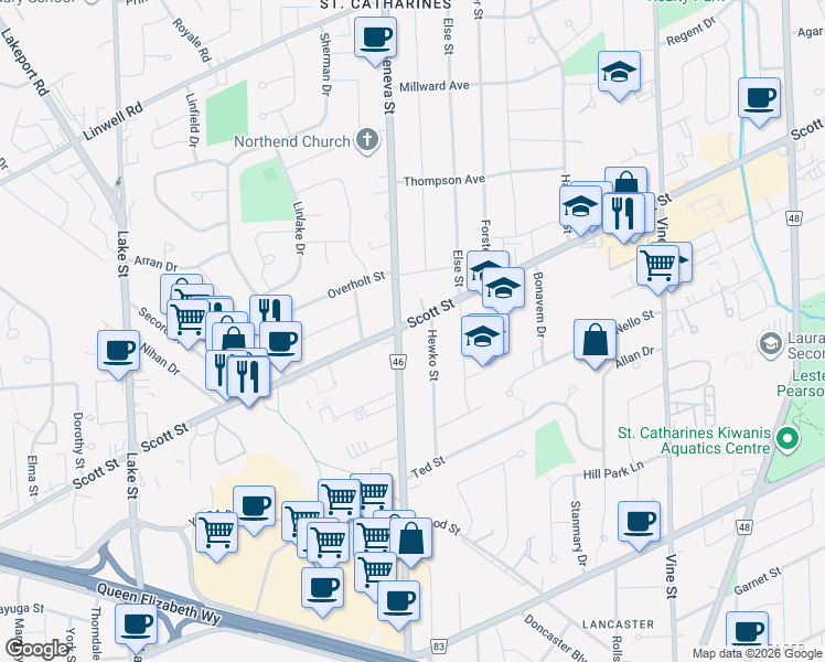 map of restaurants, bars, coffee shops, grocery stores, and more near in St. Catharines