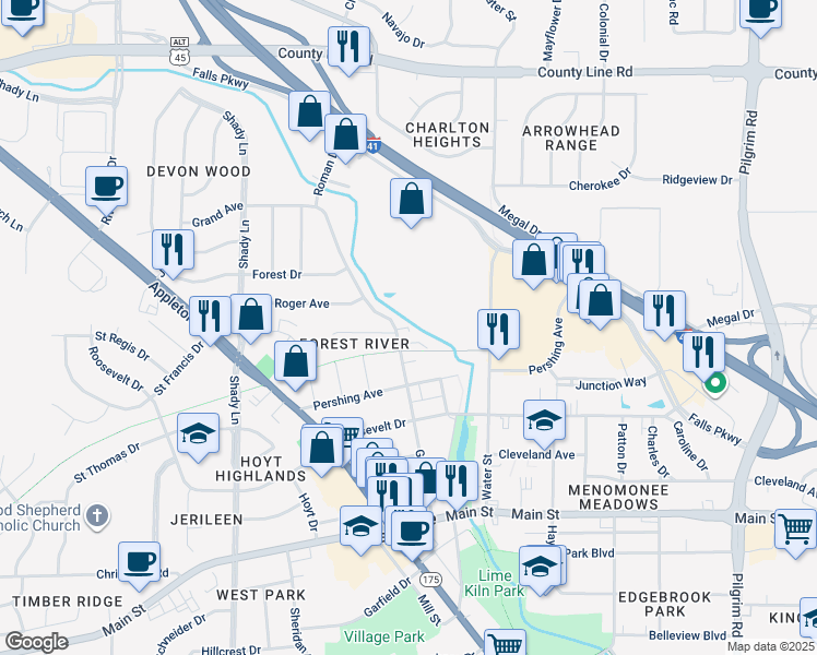 map of restaurants, bars, coffee shops, grocery stores, and more near W166N9170 Grand Avenue in Menomonee Falls