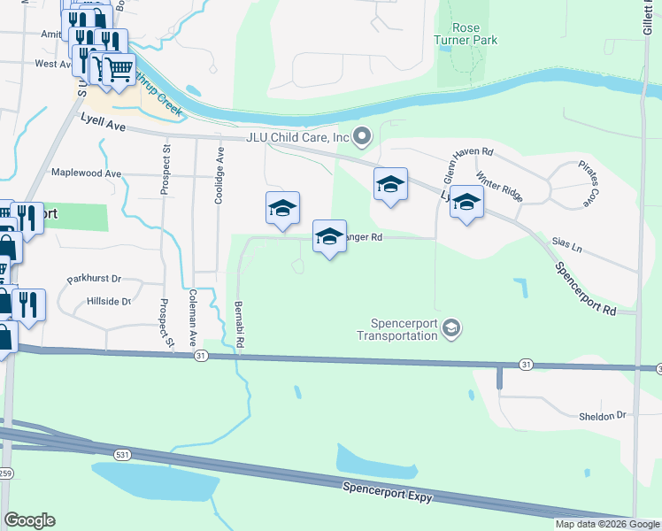 map of restaurants, bars, coffee shops, grocery stores, and more near 1 Ranger Road in Spencerport