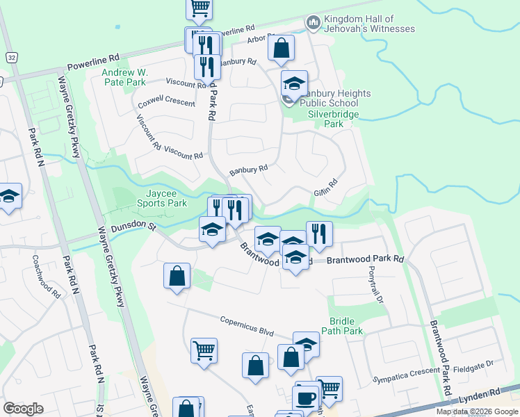 map of restaurants, bars, coffee shops, grocery stores, and more near 118 Gillin Road in Brantford