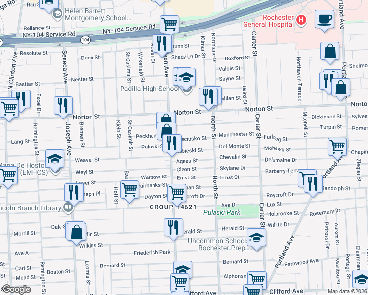 map of restaurants, bars, coffee shops, grocery stores, and more near 45 Kosciusko Street in Rochester