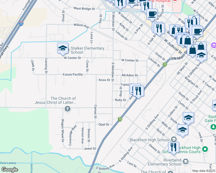 map of restaurants, bars, coffee shops, grocery stores, and more near 898 South Meridian Street in Blackfoot