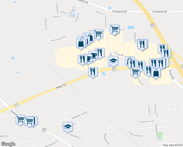 map of restaurants, bars, coffee shops, grocery stores, and more near Highway 31 in Liverpool
