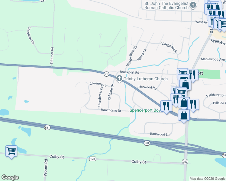 map of restaurants, bars, coffee shops, grocery stores, and more near 34 Kirkgate Drive in Spencerport