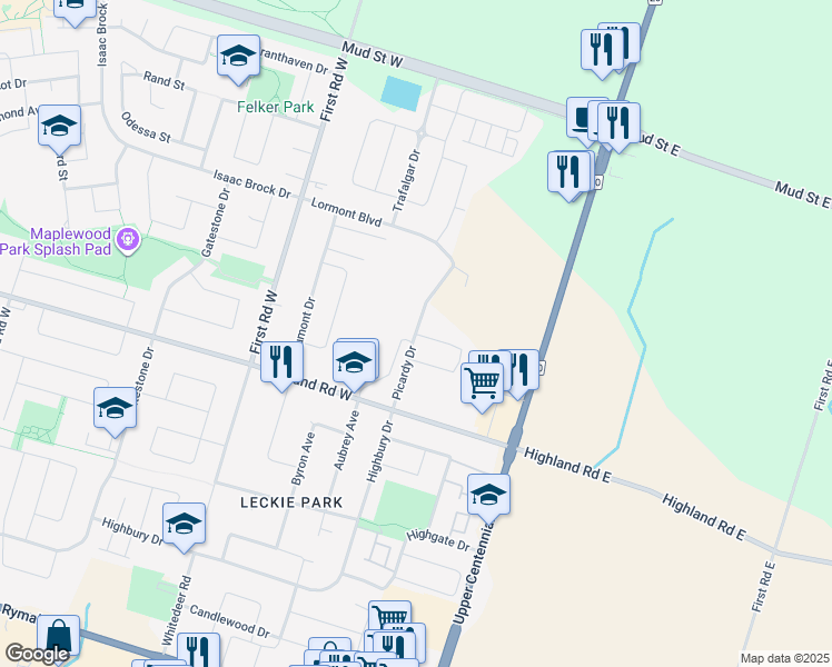 map of restaurants, bars, coffee shops, grocery stores, and more near Picardy Drive in Hamilton