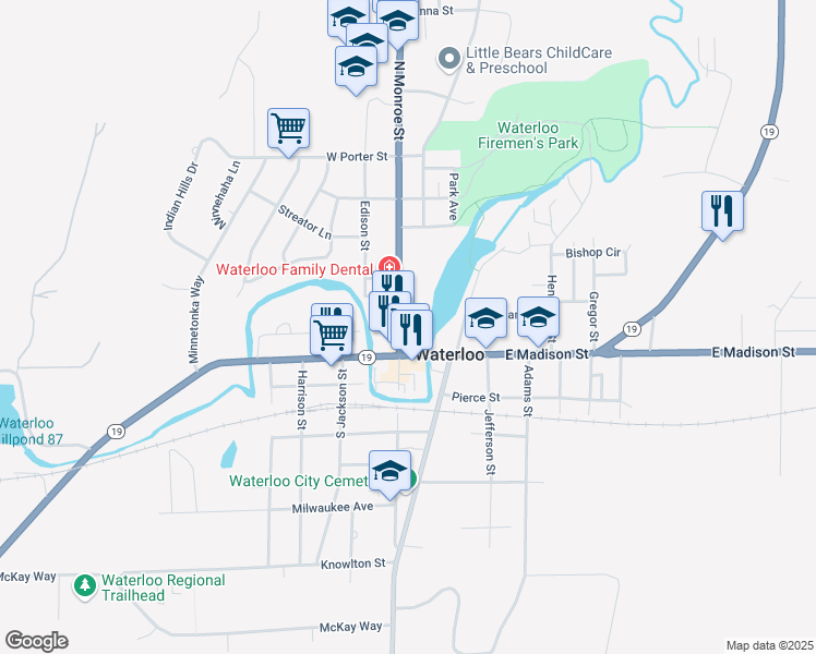 map of restaurants, bars, coffee shops, grocery stores, and more near 136 North Monroe Street in Waterloo