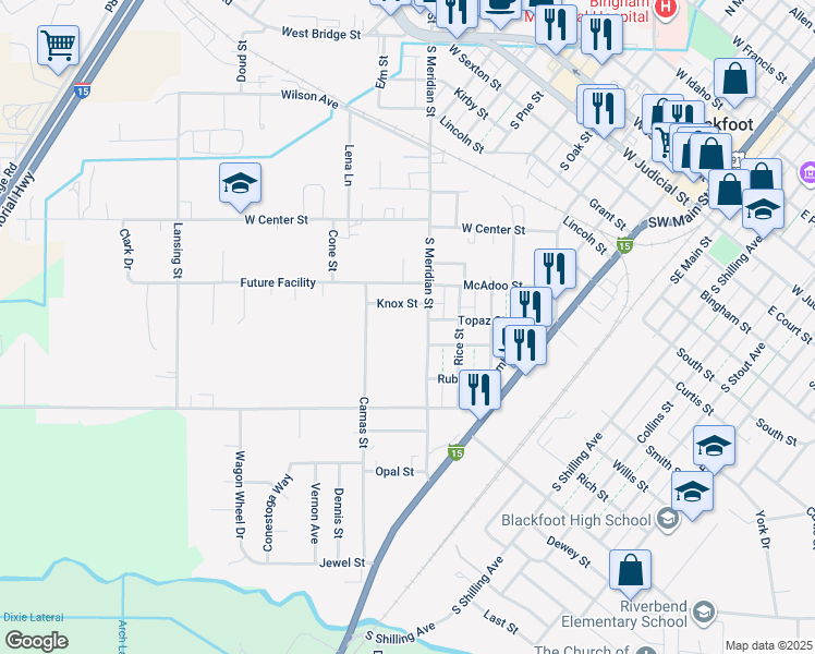 map of restaurants, bars, coffee shops, grocery stores, and more near 898 South Meridian Street in Blackfoot