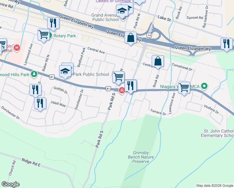 map of restaurants, bars, coffee shops, grocery stores, and more near 258 Main Street East in Grimsby
