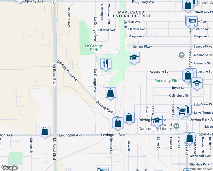 map of restaurants, bars, coffee shops, grocery stores, and more near 110 Newbury Street in Rochester