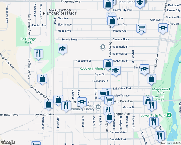 map of restaurants, bars, coffee shops, grocery stores, and more near 419 Birr Street in Rochester