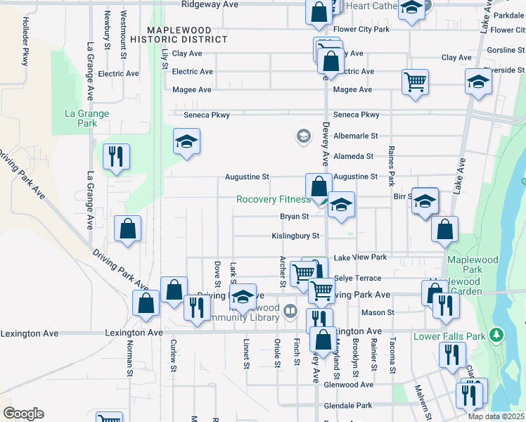 map of restaurants, bars, coffee shops, grocery stores, and more near 419 Birr Street in Rochester