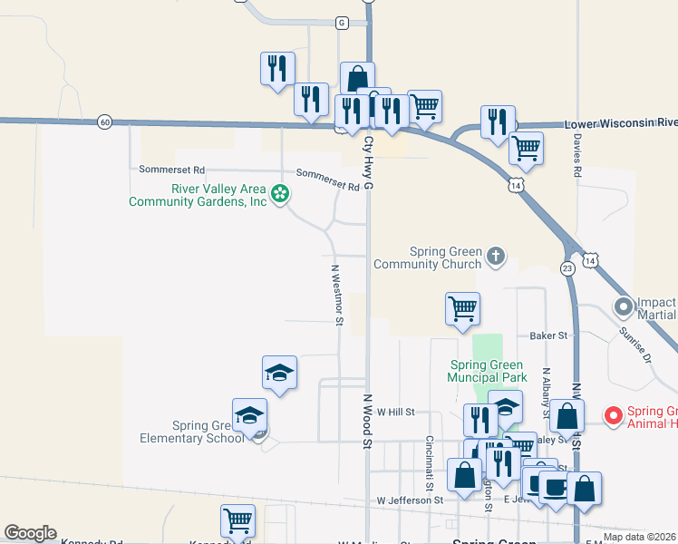 map of restaurants, bars, coffee shops, grocery stores, and more near 550 Tamarack Road in Spring Green