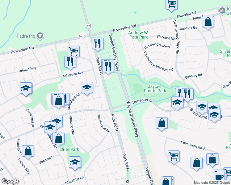 map of restaurants, bars, coffee shops, grocery stores, and more near 575 Park Road North in Brantford