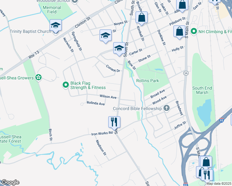 map of restaurants, bars, coffee shops, grocery stores, and more near 8 Roosevelt Avenue in Concord