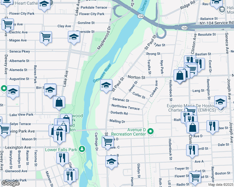 map of restaurants, bars, coffee shops, grocery stores, and more near 15 Beach Street in Rochester