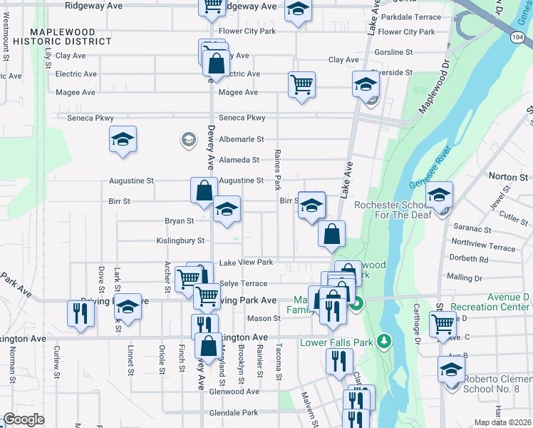 map of restaurants, bars, coffee shops, grocery stores, and more near 151 Birr Street in Rochester