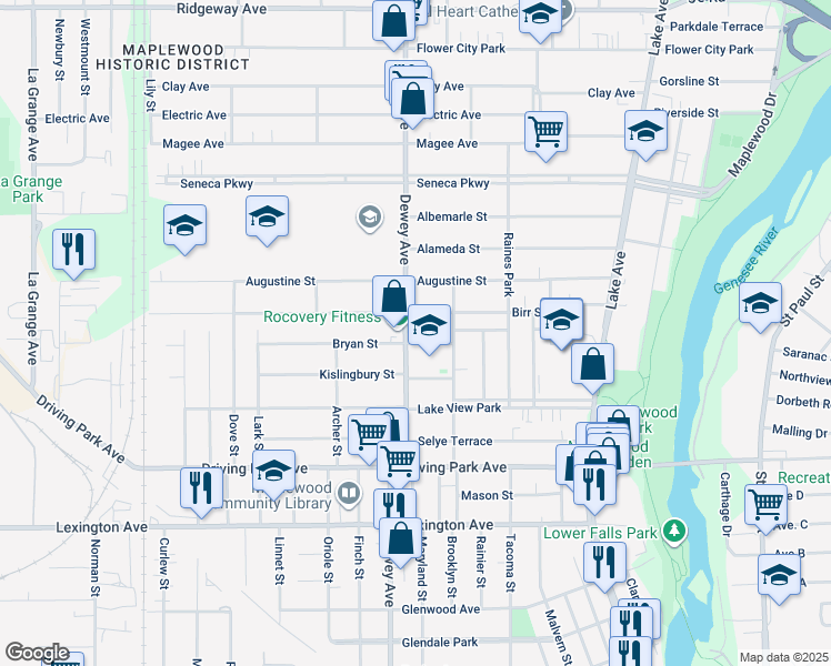 map of restaurants, bars, coffee shops, grocery stores, and more near 1050 Dewey Avenue in Rochester