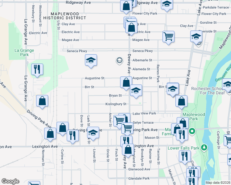 map of restaurants, bars, coffee shops, grocery stores, and more near 365 Birr Street in Rochester